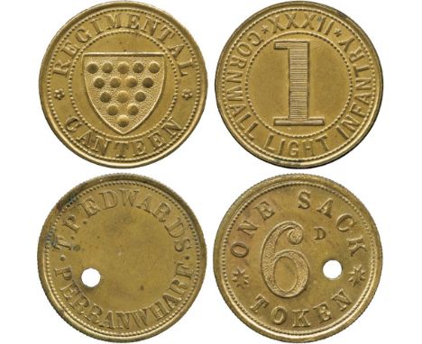 BRITISH TOKENS, 19th Century Tokens, Checks, Cornwall, Perranwharf, T P Edwards, Brass Check for One Sack, rev ONE SACK TOKEN