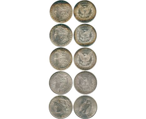 WORLD COINS, USA, Silver Morgan Dollars (4), 1881-O, 1882-O, 1882-S, 1887, and Peace Dollar, 1928-S (KM 110, 150). The 1887 i