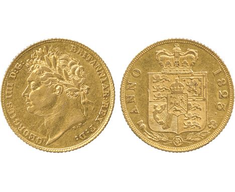 G BRITISH COINS, George IV, Gold Half-Sovereign, 1823, first laureate head left, B.P. below, rev crowned quartered shield of 