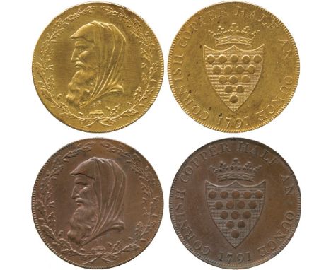 BRITISH TOKENS, 18th Century Tokens, England,  Cornwall, Truro, Cornish Metal Company, Boulton, Copper Halfpenny and Gilt-Cop