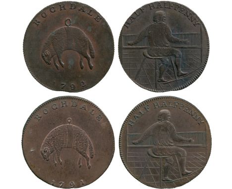 BRITISH TOKENS, 18th Century Tokens, England,  Lancashire, Rochdale, Westwood, Copper Half Halfpenny (2), 1791, 1792, obv fle