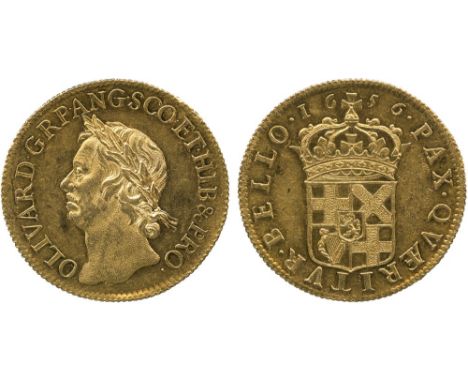 BRITISH COINS, Oliver Cromwell (died 1658), Gold Broad of Twenty Shillings, 1656, laureate head left, legend and toothed bord