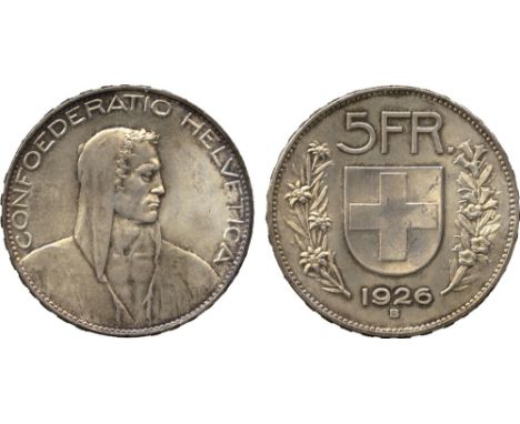 WORLD COINS, SWITZERLAND, Confederation, Silver 5-Francs, 1926 B (HMZ 2-1199; KM 38). Light tone, appealing uncirculated.