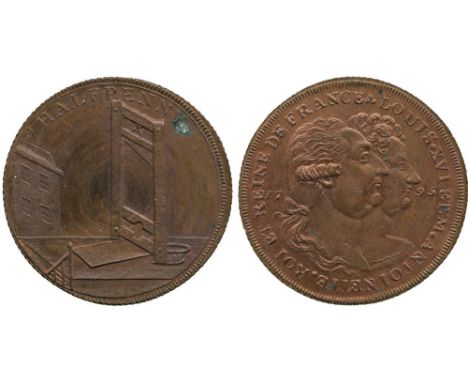 BRITISH TOKENS, 18th Century Tokens, England,  Middlesex, Skidmore, Copper Halfpenny mule, 1795, obv guillotine, rev busts of