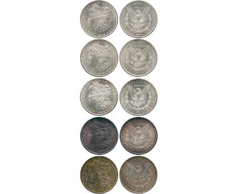 WORLD COINS, USA, Silver Morgan Dollars (5), 1897, 1897-S, 1898, 1900, 1904-O (KM 110). The 1898 uncirculated with a dark ton