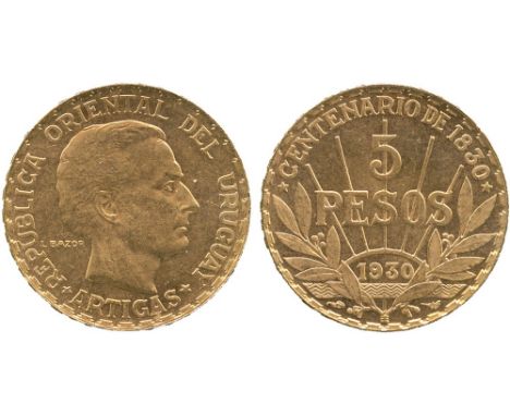 WORLD COINS, URUGUAY, Republic, Gold 5-Pesos, 1930, Paris, head of Artigas right, rev value and date, commemorating the cente