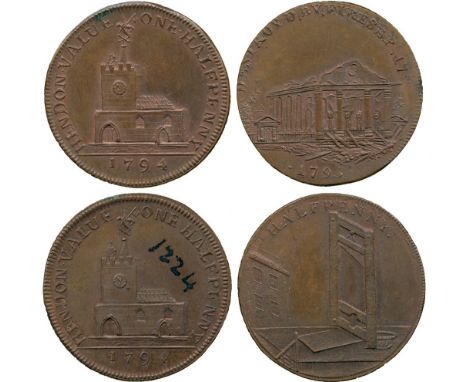 BRITISH TOKENS, 18th Century Tokens, England,  Middlesex, Skidmore, Copper Halfpenny mule (2), obv church, rev guillotine, SK