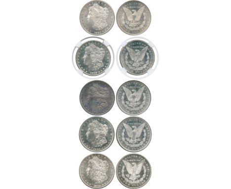 WORLD COINS, USA, Silver Morgan Dollars (5), 1878-S, seven feathers, second reverse, 1879-S, second reverse, 1880-S, 1881-S, 
