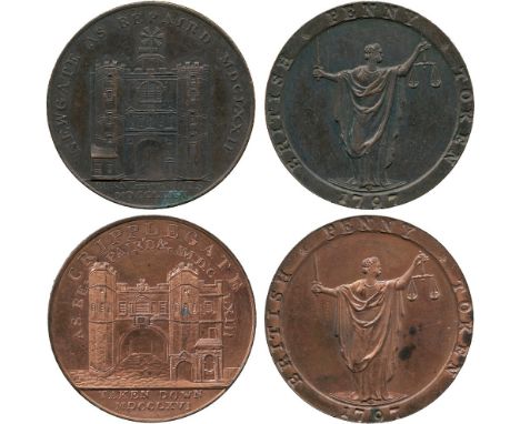 BRITISH TOKENS, 18th Century Tokens, England,  Middlesex, Kempson’s Building Series, Copper Penny (2), 1797, obv Cripplegate,