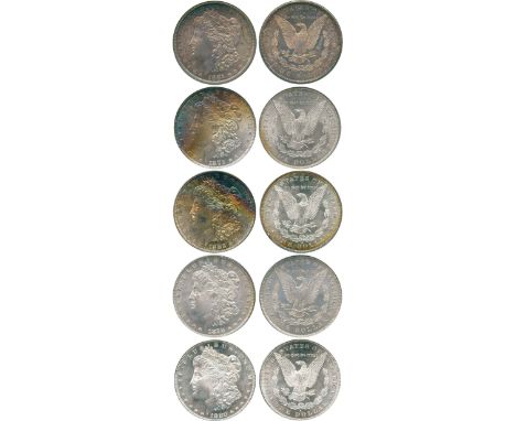 WORLD COINS, USA, Silver Morgan Dollar (5), 1878, 7 over 8 tail feathers, 1879, 1880-S, 1881-S, 1882-S (KM 110). First in PCG