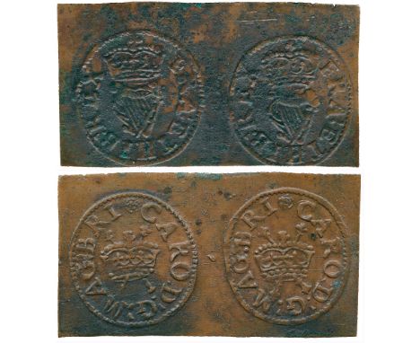 BRITISH COINS, Charles I, Uncut Pair of Copper Richmond Farthings, dies 7+8, crowned crossed sceptres, initial mark rose, CAR