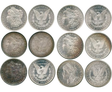 WORLD COINS, USA, Silver Morgan Dollars (6), 1878-S, 1879-S, third reverse, 1880-S, 1883-O, 1884-O, 1886 (KM 110). All in PCG