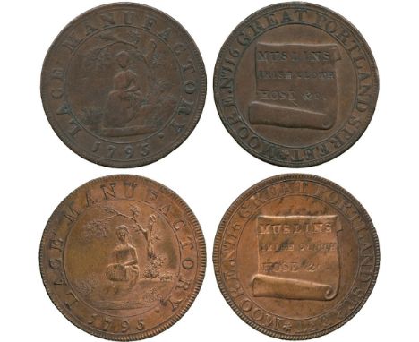 BRITISH TOKENS, 18th Century Tokens, England,  Middlesex, Moore, Copper Halfpenny (2), 1795, obv girl making lace, rev MUSLIN