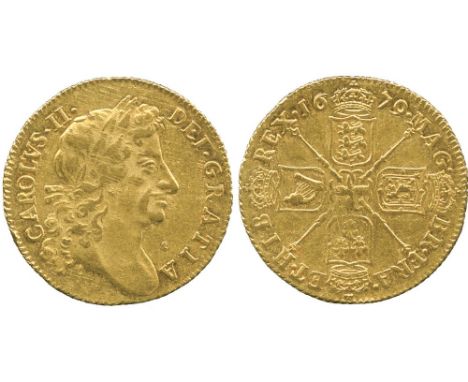 BRITISH COINS, Charles II, Gold Guinea, 1676, fourth laureate bust right with rounded truncation, rev crowned cruciform emble