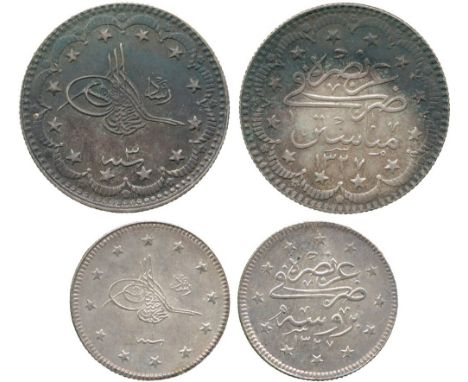 ISLAMIC COINS, OTTOMAN, Mehmed V (1327-1336h), Silver 5-Kurush, Manastir 1327h, Year 3, 6.06g, and Silver 2-Kurush, Brusa 132