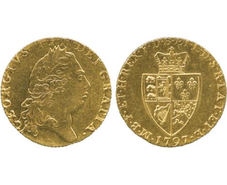 BRITISH COINS, George III, Gold Guinea, 1797, fifth laureate head right, rev crowned spade shaped shield, date below (MCE 401