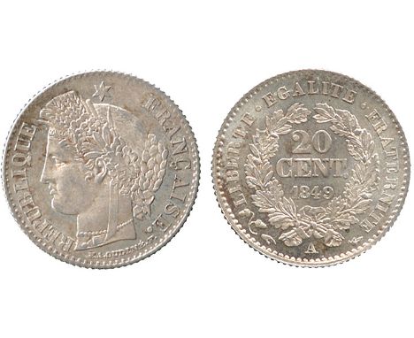 WORLD COINS, FRANCE, Second Republic (1848-1852), Silver 20-Centimes Cérès, 1849-A, Paris (Gad 303). Prooflike with an attrac