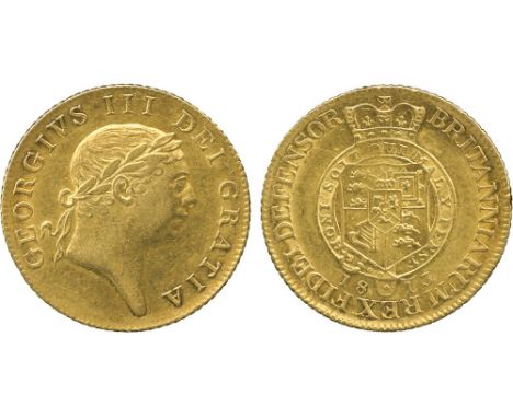 G BRITISH COINS, George III, Gold ‘Military’ Guinea, 1813, sixth laureate head right, rev quartered shield of arms with an es