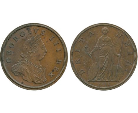 BRITISH COINS, George III, Copper Pattern Halfpenny, 1788, struck on a 37mm flan, by Pingo, laureate and cuirassed bust right