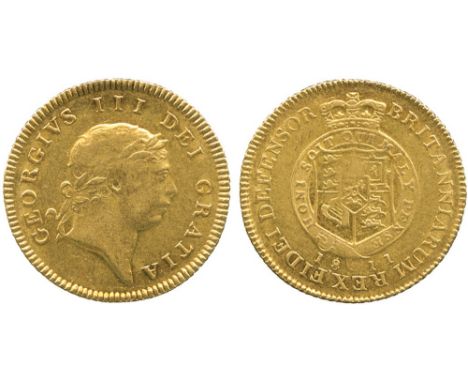 G BRITISH COINS, George III, Gold Half-Guinea, 1811, seventh laureate head right, rev quartered shield of arms with an escutc