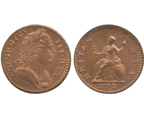 BRITISH COINS, George III, Copper Farthing, 1773, first laureate and cuirassed bust right, rev Britannia seated left on globe