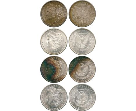 WORLD COINS, USA, Silver Morgan Dollars (4), 1878-S, 1884-CC, 1884-O, 1904-O (KM 110). First uncirculated with small surface 