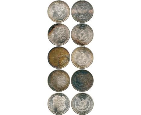 WORLD COINS, USA, Silver Morgan Dollars (5), 1884-O, 1889, 1896, 1897-S, 1904-O (KM 110). The 1896 about uncirculated with a 