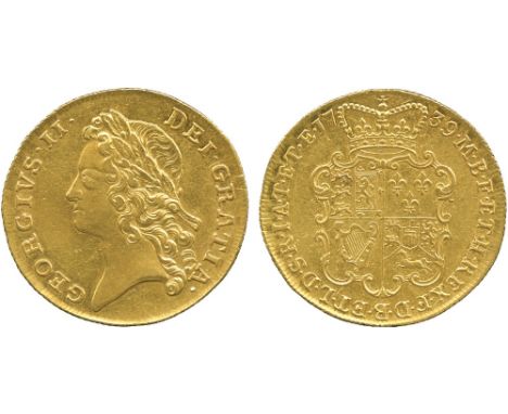 BRITISH COINS, George II, Gold Two-Guineas, 1739, young laureate bust left, rev crowned quartered shield of arms with garnish