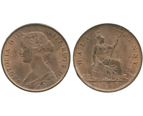 BRITISH COINS, Victoria, Halfpenny, 1865, young laureate bust left, rev Britannia seated right, date below in exergue (Fr 296