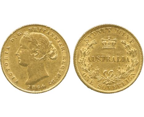 G WORLD COINS, AUSTRALIA, Victoria, Gold Sovereign, 1864, Sydney mint, second young head left with wreath of banksia in hair,