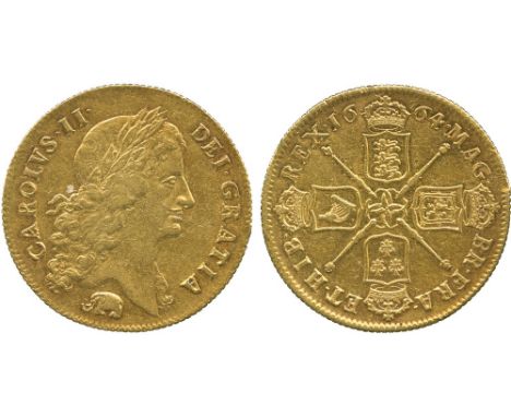 BRITISH COINS, Charles II (1660-1685), Gold Two-Guineas, 1664, Elephant & Castle, first laureate bust right, elephant below t