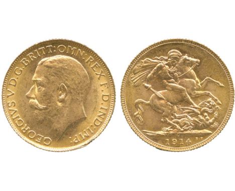 G BRITISH COINS, George V, Gold Sovereign, 1914 C, Ottawa Mint (Canada), bare head left, B.M. on truncation, GEORGIVS V  D: G