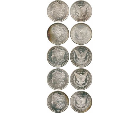 WORLD COINS, USA, Silver Morgan Dollars (5), 1882, 1882-CC, 1882-S, 1883-CC, 1883-O (KM 110). First with peripheral toning on