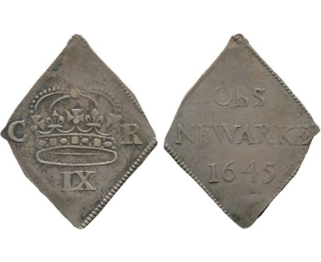 BRITISH COINS, Charles I, Obsidional Coinage, Silver Ninepence on lozenge shaped flan, 1645, Newark besieged, large crown ove