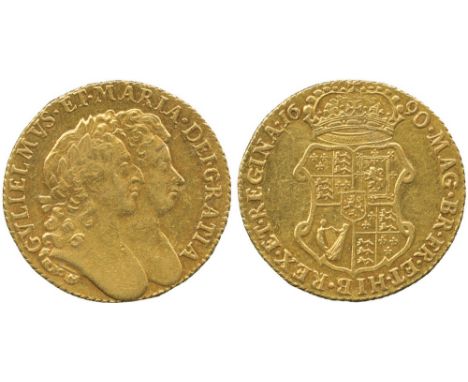 BRITISH COINS, William & Mary, Gold Guinea, 1690, conjoined busts right, rev crowned quartered shield of arms, date either si