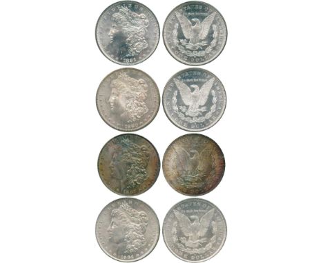 WORLD COINS, USA, Silver Morgan Dollars (4), 1880-S, 1881-S, 1887, 1904-O (KM 110). The 1887 with a colourful tone and in ICG