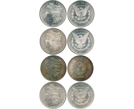 WORLD COINS, USA, Silver Morgan Dollars (4), 1880-S, 1881-S, 1887, 1904-O (KM 110). The 1887 with a colourful tone and in ICG