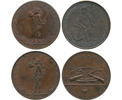 Middlesex, Skidmore, Copper Halfpenny mule (2), 1796, obv man standing handcuffed and padlocked, FREE BORN BRITON, rev knife,