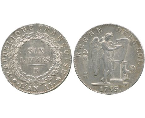 WORLD COINS, FRANCE, Convention (1792-1795), Silver Ecu de 6-Livres, 1793-B, An II, Rouen, FRANCOISE legend, 29.28g (Gad 58; 