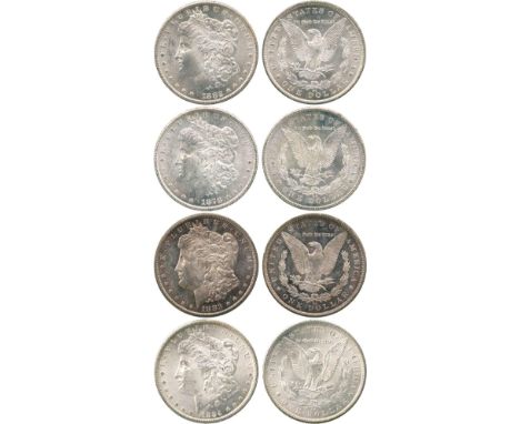 WORLD COINS, USA, Silver Morgan Dollars (4), 1878-CC, 1882-CC, 1883-CC, 1884-CC (KM 110). All mint state with full original l