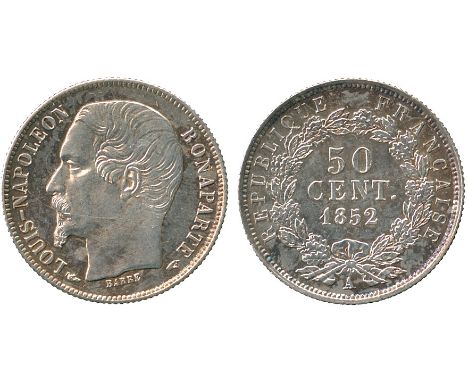 WORLD COINS, FRANCE, Second Republic, Louis Napoléon Bonaparte, Silver 20-Centimes, 1852-A, Paris, one year type (Gad 412). L