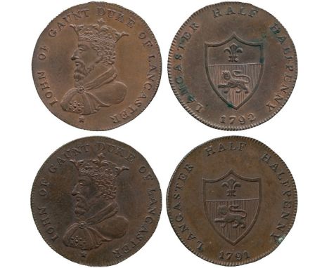 BRITISH TOKENS, 18th Century Tokens, England,  Lancashire, Lancaster, Westwood, Copper Half Halfpenny (2), 1791, 1792, obv bu