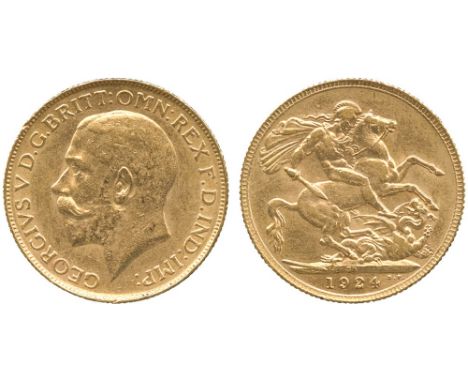 G BRITISH COINS, George V, Gold Sovereign, 1924 SA, Pretoria Mint (South Africa), bare head left, B.M. on truncation, GEORGIV