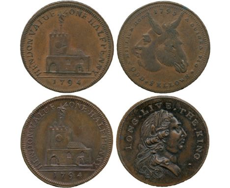 BRITISH TOKENS, 18th Century Tokens, England,  Middlesex, Skidmore, Copper Halfpenny mule (2), obv church, rev bust of George