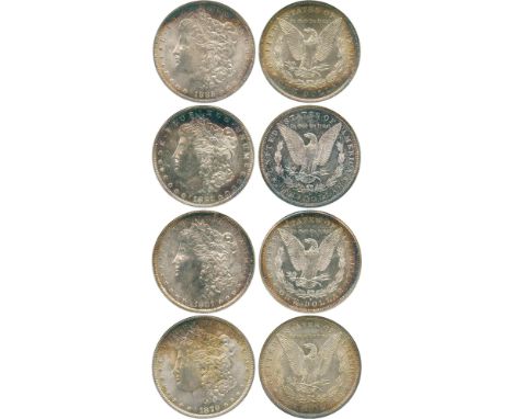 WORLD COINS, USA, Silver Morgan Dollars (4), 1879, 1881-S, 1882-S, 1885-O (KM 110). All in ANA holders graded MS64, MS65, MS6