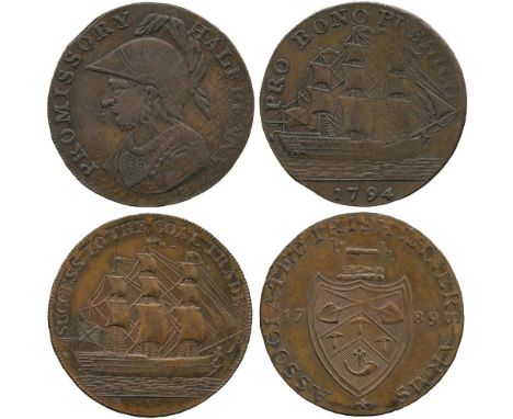 BRITISH TOKENS, 18th Century Tokens, England,  Durham, South Shields, Kempson, Copper Halfpenny mule, obv ship, rev Irish Min