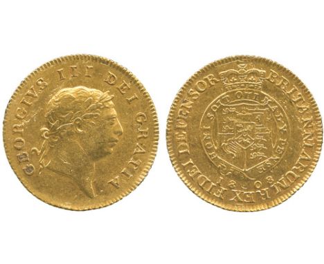 G BRITISH COINS, George III, Gold ‘Military’ Half-Guinea, 1808, seventh laureate head right, rev quartered shield of arms wit
