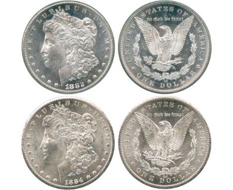 WORLD COINS, USA, Silver Morgan Dollars (2), 1882-CC, 1884-CC (KM 110). First in PCGS holder graded MS64PL, very attractive w