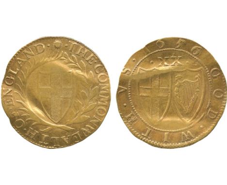 BRITISH COINS, Commonwealth (1649-1660), Gold Unite, 1656, English shield within laurel and palm branch, initial mark sun, .T