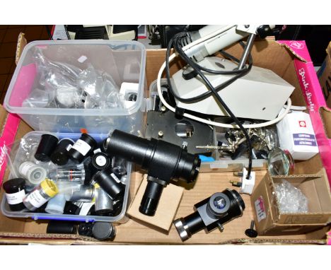 A BOX OF ASSORTED MICROSCOPE PARTS, to include oculars, an illuminator, two 35mm camera adaptors, large slides and coverslips